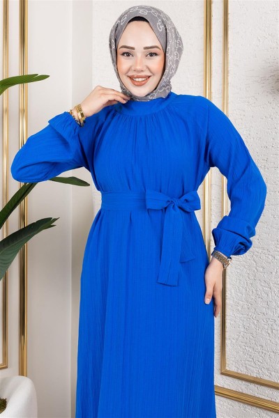 Kuşaklı Uzun Tesettür Tunik SAKS MAVİSİ - Thumbnail