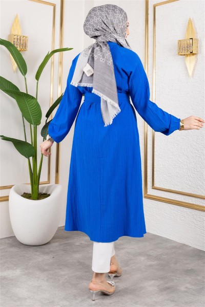 Kuşaklı Uzun Tesettür Tunik SAKS MAVİSİ - Thumbnail