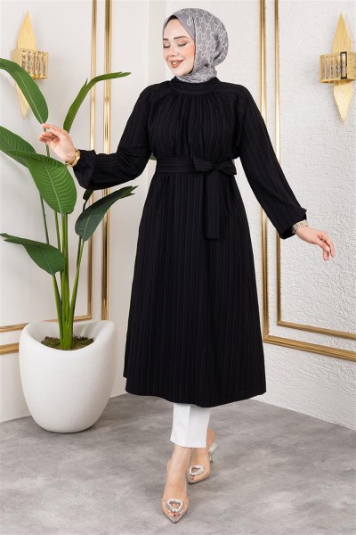 MYS - Kuşaklı Uzun Tesettür Tunik SİYAH