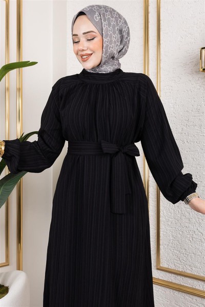 Kuşaklı Uzun Tesettür Tunik SİYAH - Thumbnail