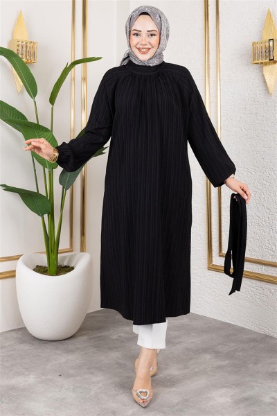 Kuşaklı Uzun Tesettür Tunik SİYAH - Thumbnail