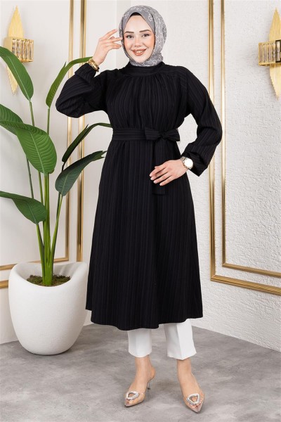 Kuşaklı Uzun Tesettür Tunik SİYAH - Thumbnail