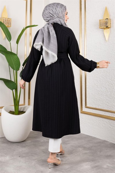 Kuşaklı Uzun Tesettür Tunik SİYAH - Thumbnail
