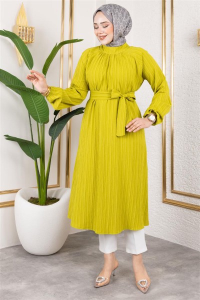 MYS - Kuşaklı Uzun Tesettür Tunik YAĞ YEŞİLİ