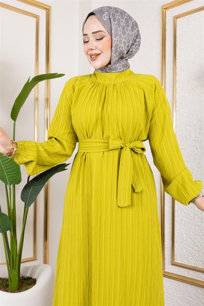 Kuşaklı Uzun Tesettür Tunik YAĞ YEŞİLİ - Thumbnail
