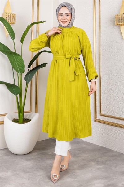 Kuşaklı Uzun Tesettür Tunik YAĞ YEŞİLİ - Thumbnail