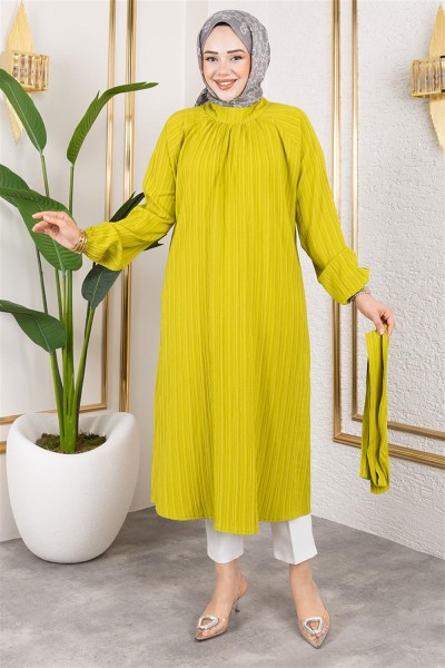 Kuşaklı Uzun Tesettür Tunik YAĞ YEŞİLİ - Thumbnail