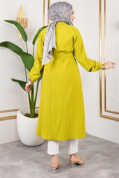 Kuşaklı Uzun Tesettür Tunik YAĞ YEŞİLİ - Thumbnail