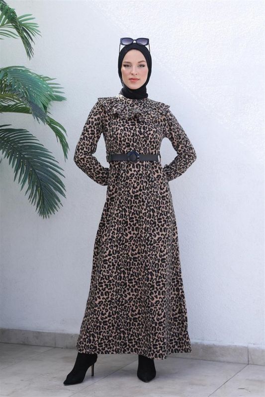 Leopar Desenli Elbise VİZON - 1