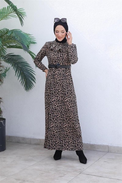 Leopar Desenli Elbise VİZON - Thumbnail