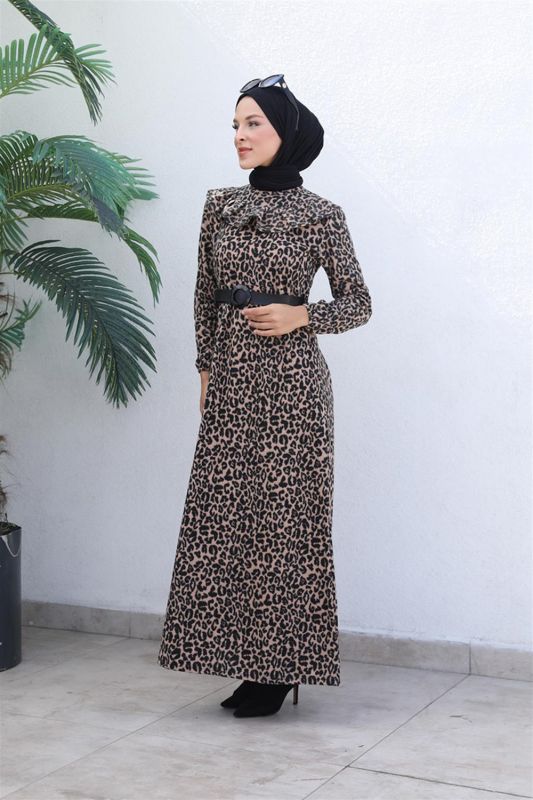 Leopar Desenli Elbise VİZON - 3