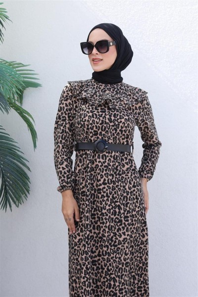 Leopar Desenli Elbise VİZON - Thumbnail