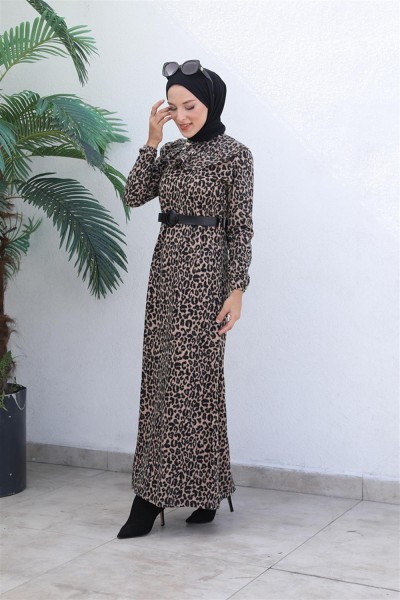 Leopar Desenli Elbise VİZON - Thumbnail
