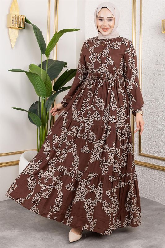 Leopar Desenli Viskon Elbise KAHVERENGİ - 1