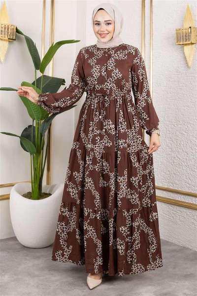 Leopar Desenli Viskon Elbise KAHVERENGİ - Thumbnail