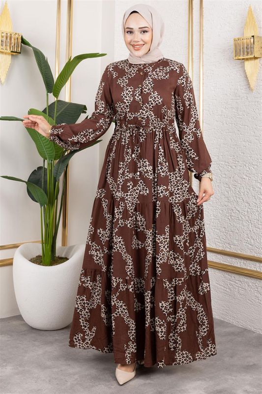 Leopar Desenli Viskon Elbise KAHVERENGİ - 2