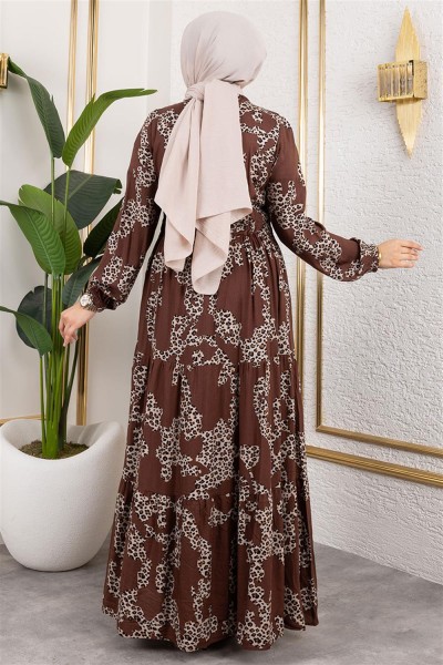 Leopar Desenli Viskon Elbise KAHVERENGİ - Thumbnail