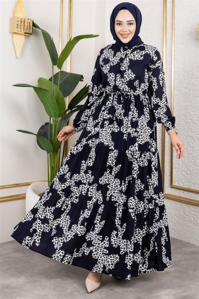 SGS - Leopar Desenli Viskon Elbise LACİVERT