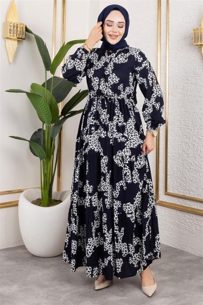 Leopar Desenli Viskon Elbise LACİVERT - Thumbnail