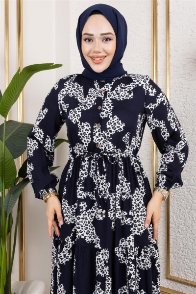 Leopar Desenli Viskon Elbise LACİVERT - Thumbnail