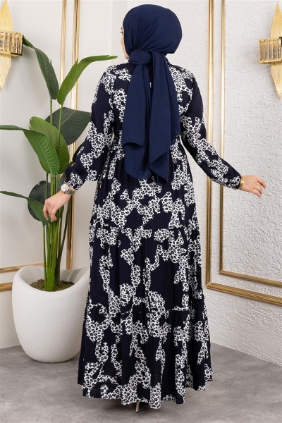 Leopar Desenli Viskon Elbise LACİVERT - Thumbnail