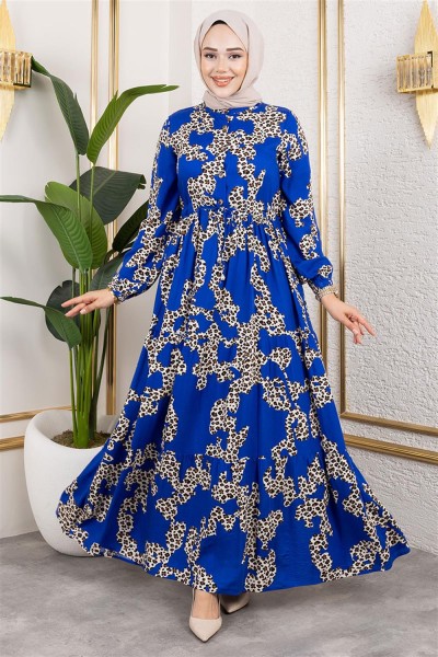 Leopar Desenli Viskon Elbise MAVİ - Thumbnail