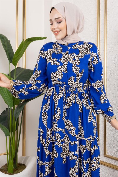 Leopar Desenli Viskon Elbise MAVİ - Thumbnail