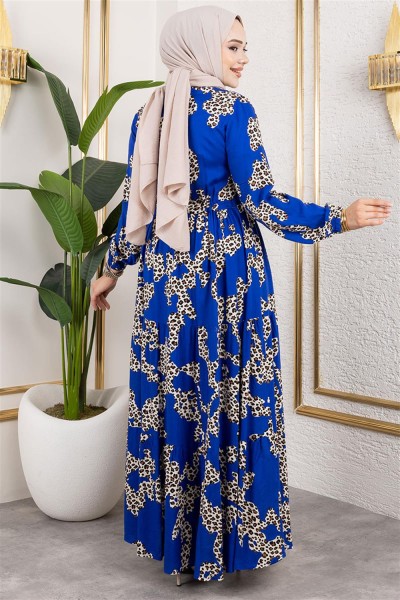 Leopar Desenli Viskon Elbise MAVİ - Thumbnail