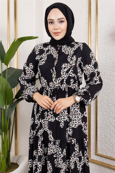 Leopar Desenli Viskon Elbise SİYAH - Thumbnail