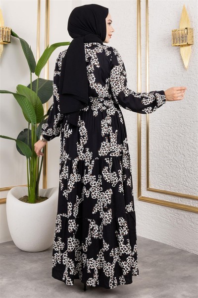 Leopar Desenli Viskon Elbise SİYAH - Thumbnail