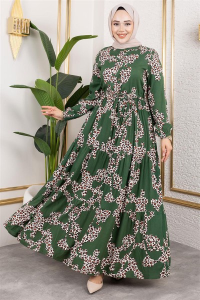 SGS - Leopar Desenli Viskon Elbise YEŞİL