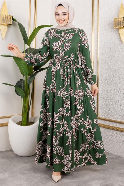 Leopar Desenli Viskon Elbise YEŞİL - Thumbnail