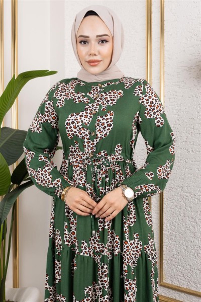 Leopar Desenli Viskon Elbise YEŞİL - Thumbnail