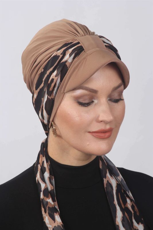 Leopar Fularlı Şapka Bone Caramel - 1