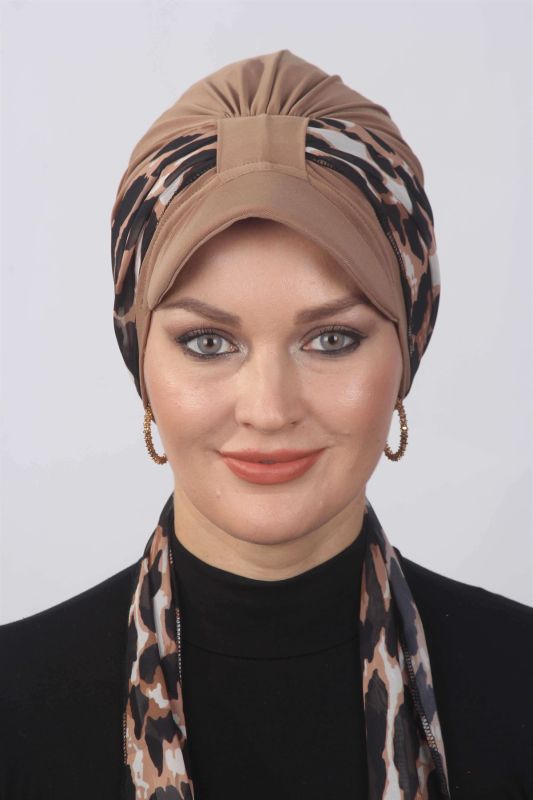 Leopar Fularlı Şapka Bone Caramel - 2