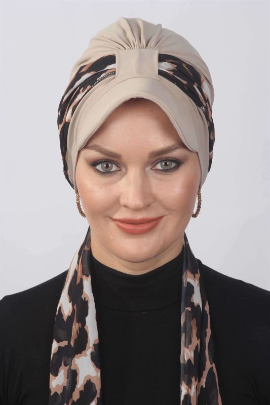 Leopar Fularlı Şapka Bone  Taş Rengi - 1