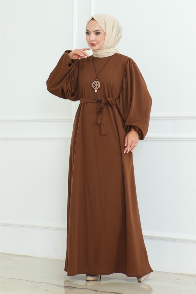 MG - Liva Tesettür Elbise KAHVERENGİ
