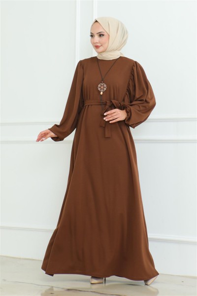 Liva Tesettür Elbise KAHVERENGİ - Thumbnail