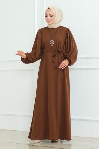 Liva Tesettür Elbise KAHVERENGİ - Thumbnail