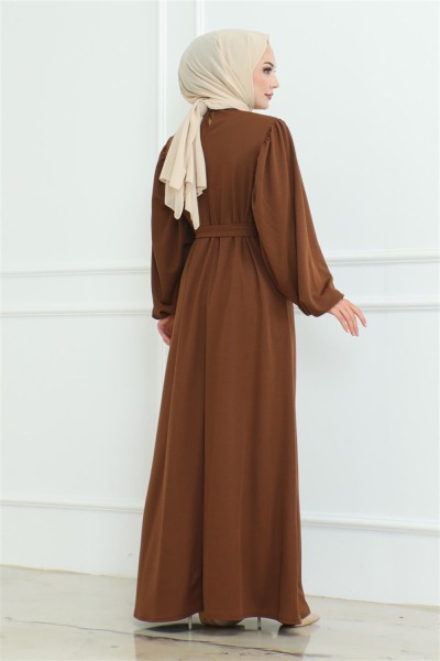 Liva Tesettür Elbise KAHVERENGİ - Thumbnail