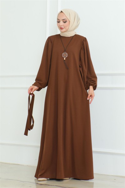 Liva Tesettür Elbise KAHVERENGİ - Thumbnail