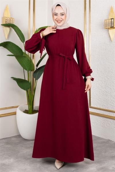 SGS - Manşeti Bağcıklı Tesettür Elbise BORDO