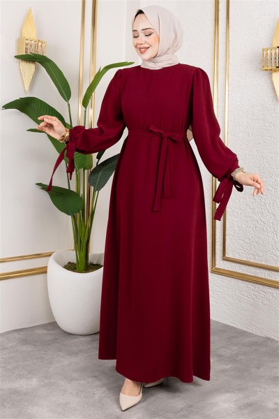 Manşeti Bağcıklı Tesettür Elbise BORDO - Thumbnail
