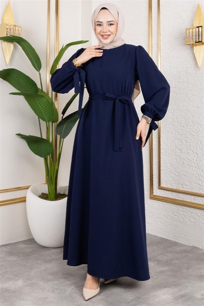 Manşeti Bağcıklı Tesettür Elbise LACİVERT - Thumbnail