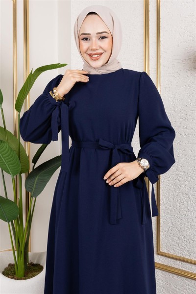 Manşeti Bağcıklı Tesettür Elbise LACİVERT - Thumbnail