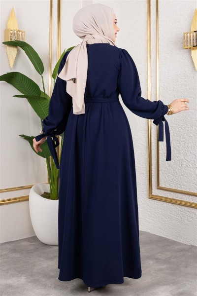 Manşeti Bağcıklı Tesettür Elbise LACİVERT - Thumbnail