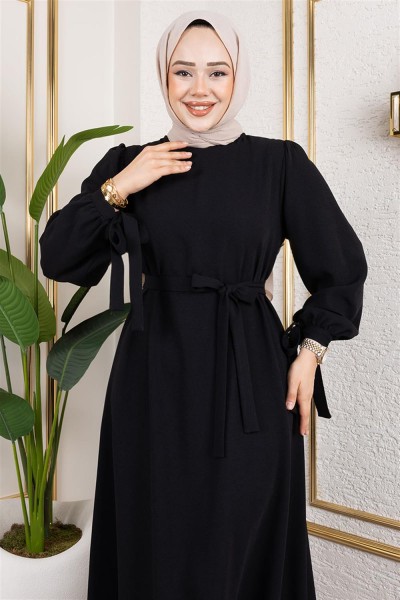Manşeti Bağcıklı Tesettür Elbise SİYAH - Thumbnail