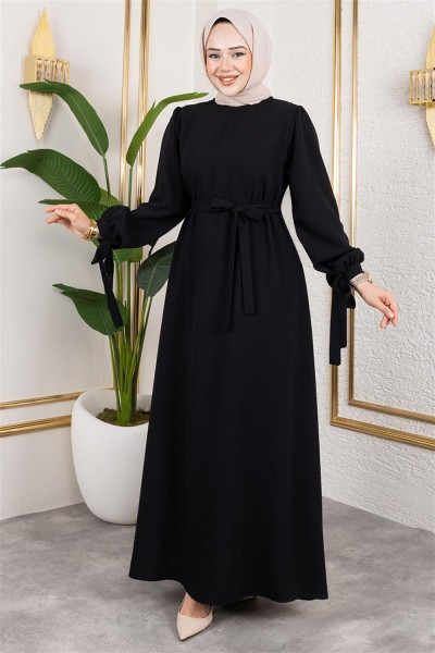 Manşeti Bağcıklı Tesettür Elbise SİYAH - Thumbnail