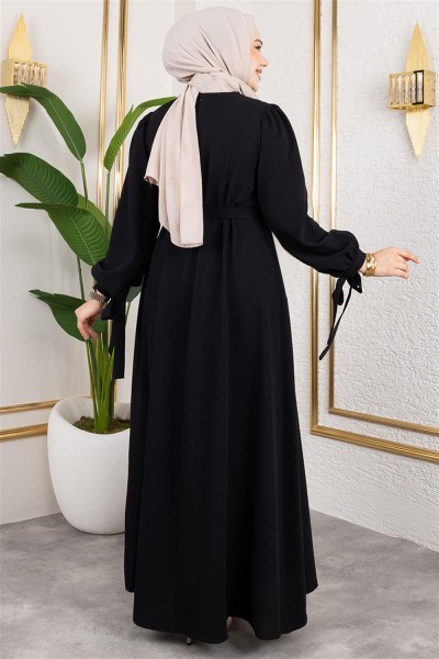 Manşeti Bağcıklı Tesettür Elbise SİYAH - Thumbnail