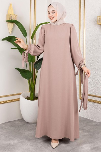 Manşeti Bağcıklı Tesettür Elbise VİZON - Thumbnail